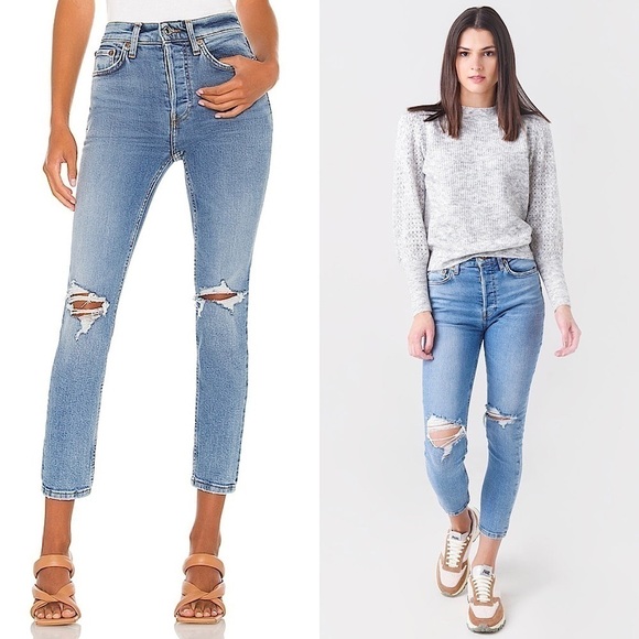 Re/Done Denim - NWT RE/DONE 90s‎ High Waist Distressed Denim Ripped Knee Ankle Crop Jeans 26